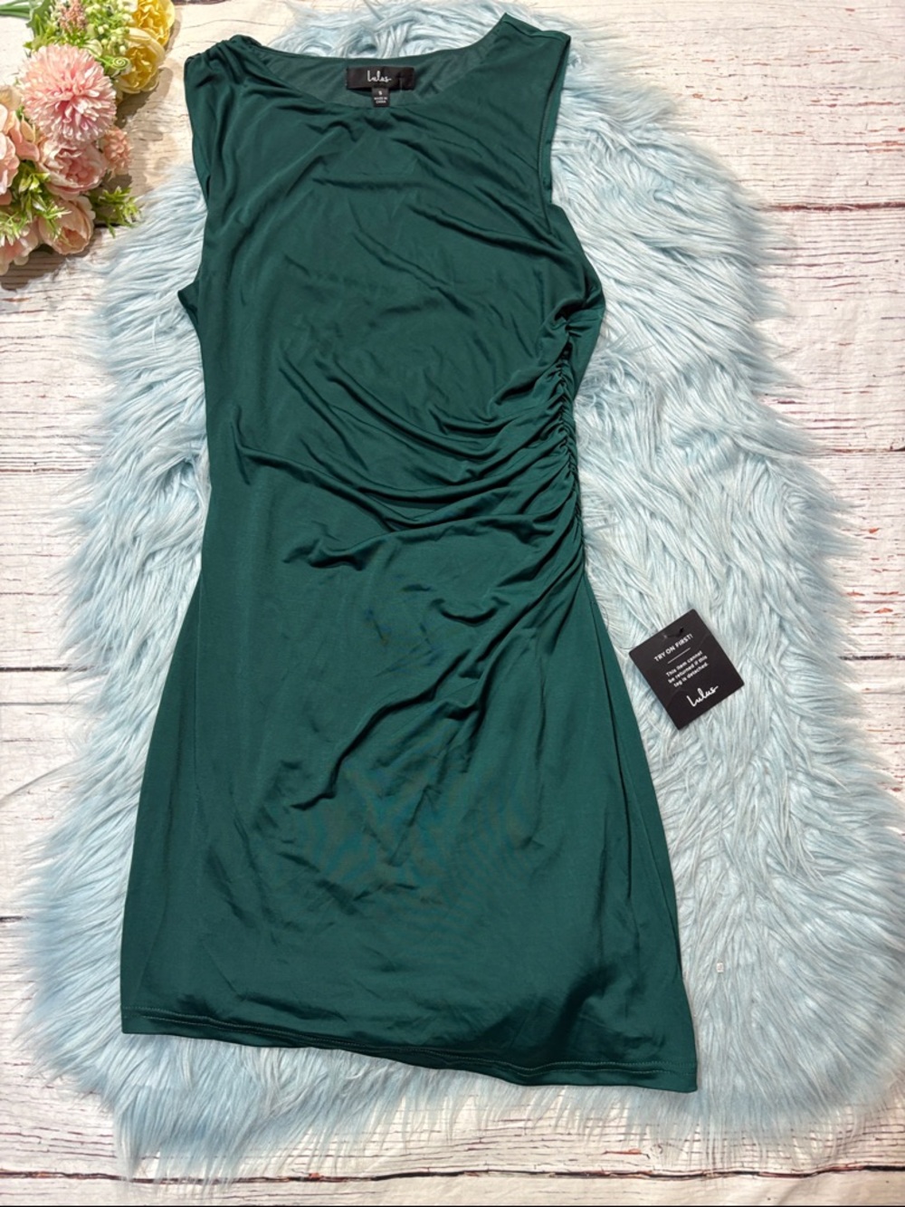 NWT Lulus Eye-Catching Flirt Emerald Ruched Asymmetrical Mini Dress - Picture 7 of 8